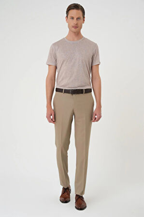 Slim Fit Pilesiz Yün Klasik Koyu Bej Kumaş Pantolon  P 1191