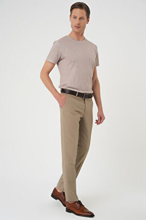 Slim Fit Pilesiz Yün Klasik Koyu Bej Kumaş Pantolon  P 1191