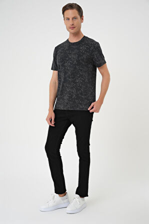 Ts 905 Comfort Fit Bisiklet Yaka Batik Görünmlü Kısa Kol Casual Siyah Tişört
