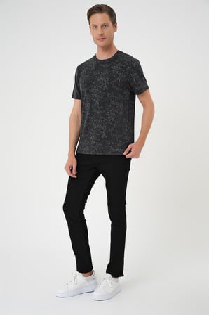 Ts 905 Comfort Fit Bisiklet Yaka Batik Görünmlü Kısa Kol Casual Siyah Tişört
