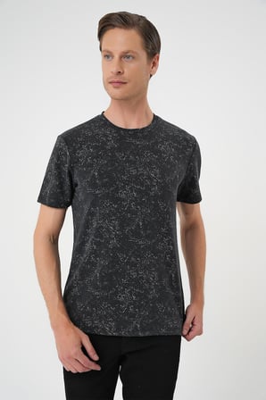 Ts 905 Comfort Fit Bisiklet Yaka Batik Görünmlü Kısa Kol Casual Siyah Tişört