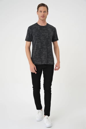 Ts 905 Comfort Fit Bisiklet Yaka Batik Görünmlü Kısa Kol Casual Siyah Tişört