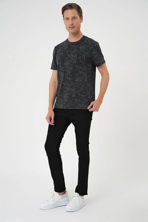 Ts 905 Comfort Fit Bisiklet Yaka Batik Görünmlü Kısa Kol Casual Siyah Tişört