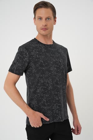 Ts 905 Comfort Fit Bisiklet Yaka Batik Görünmlü Kısa Kol Casual Siyah Tişört