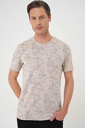 Ts 905 Comfort Fit Bisiklet Yaka Batik Görünmlü Kısa Kol Casual Bej Tişört