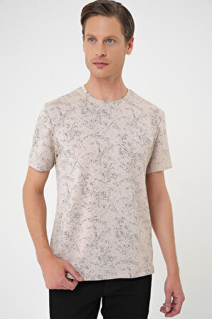 Ts 905 Comfort Fit Bisiklet Yaka Batik Görünmlü Kısa Kol Casual Bej Tişört