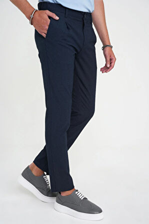 Comfort Fit Beli Lastikli Tek Pileli Dokulu Lacivert Pantolon P 1193