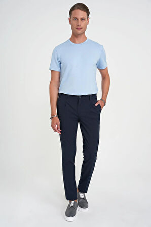Comfort Fit Beli Lastikli Tek Pileli Dokulu Lacivert Pantolon P 1193