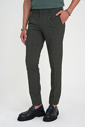 Comfort Fit Beli Lastikli Tek Pileli Dokulu Yeşil Pantolon P 1193