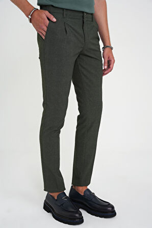 Comfort Fit Beli Lastikli Tek Pileli Dokulu Yeşil Pantolon P 1193