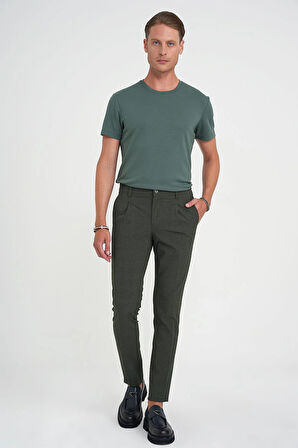 Comfort Fit Beli Lastikli Tek Pileli Dokulu Yeşil Pantolon P 1193