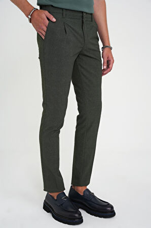 Comfort Fit Beli Lastikli Tek Pileli Dokulu Yeşil Pantolon P 1193
