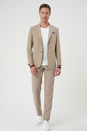 C 714 Slim Fit Torba Cep Spandex Karışımlı Casual Bej Ceket