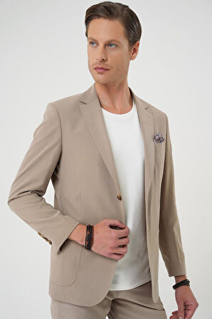 C 714 Slim Fit Torba Cep Spandex Karışımlı Casual Bej Ceket