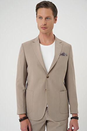 C 714 Slim Fit Torba Cep Spandex Karışımlı Casual Bej Ceket