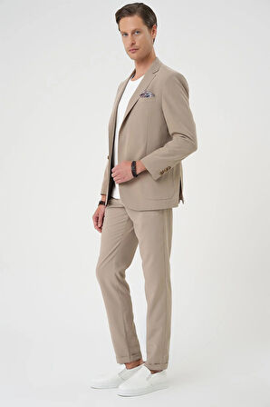 C 714 Slim Fit Torba Cep Spandex Karışımlı Casual Bej Ceket