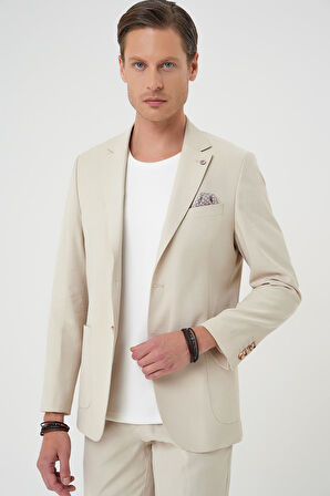 C 714 Slim Fit Torba Cep Spandex Karışımlı Casual Krem Ceket