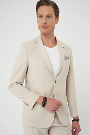 C 714 Slim Fit Torba Cep Spandex Karışımlı Casual Krem Ceket