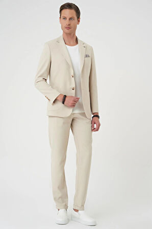 C 714 Slim Fit Torba Cep Spandex Karışımlı Casual Krem Ceket