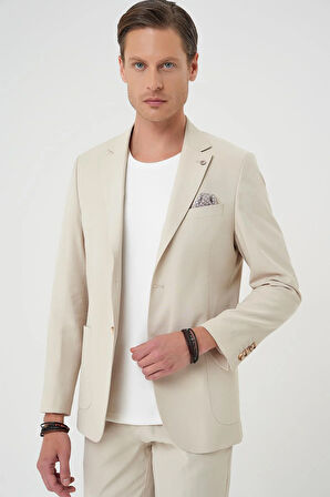 C 714 Slim Fit Torba Cep Spandex Karışımlı Casual Krem Ceket