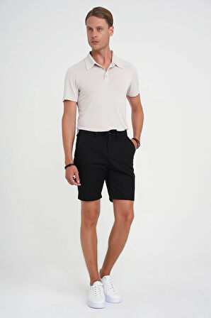 Comfort Fit Bağcıklı ve Lastikli Bel Esnek Pamuk Casuel Siyah Şort Bermuda 036 