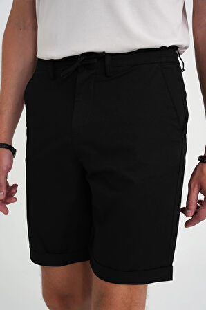 Comfort Fit Bağcıklı ve Lastikli Bel Esnek Pamuk Casuel Siyah Şort Bermuda 036 