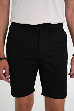 Comfort Fit Bağcıklı ve Lastikli Bel Esnek Pamuk Casuel Siyah Şort Bermuda 036 