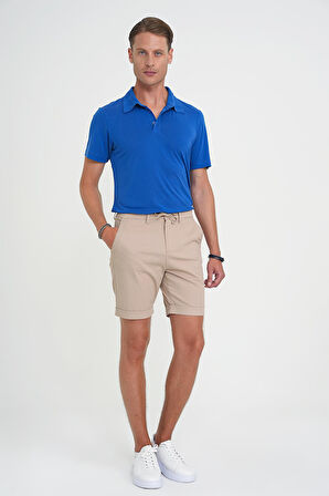 Comfort Fit Bağcıklı ve Lastikli Bel Esnek Pamuk Casuel Bej Şort Bermuda 036 