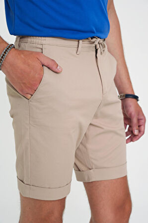 Comfort Fit Bağcıklı ve Lastikli Bel Esnek Pamuk Casuel Bej Şort Bermuda 036 