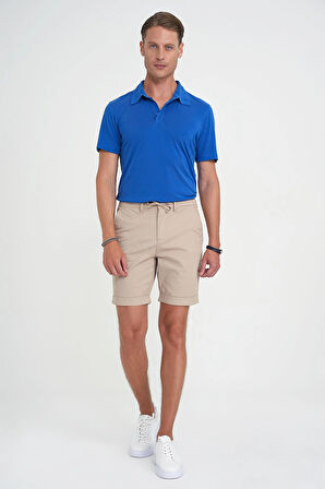 Comfort Fit Bağcıklı ve Lastikli Bel Esnek Pamuk Casuel Bej Şort Bermuda 036 