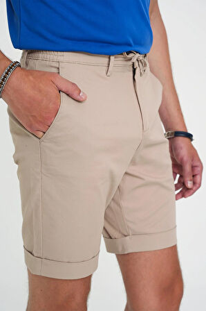 Comfort Fit Bağcıklı ve Lastikli Bel Esnek Pamuk Casuel Bej Şort Bermuda 036 