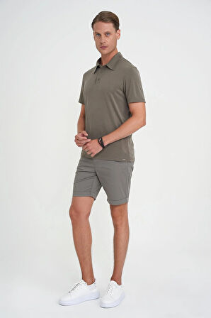 Comfort Fit Bağcıklı ve Lastikli Bel Esnek Pamuk Casuel Haki Şort Bermuda 036 