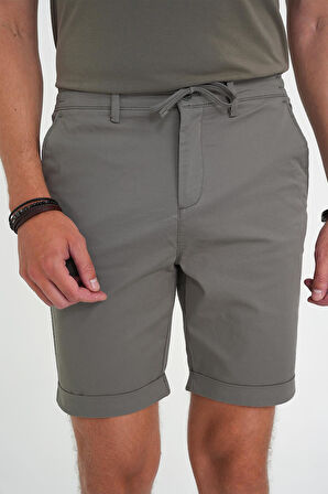 Comfort Fit Bağcıklı ve Lastikli Bel Esnek Pamuk Casuel Haki Şort Bermuda 036 