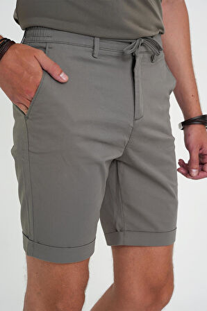 Comfort Fit Bağcıklı ve Lastikli Bel Esnek Pamuk Casuel Haki Şort Bermuda 036 