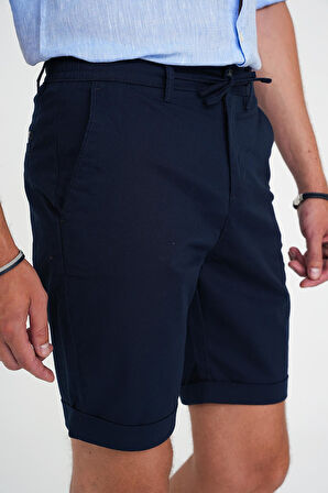 Comfort Fit Bağcıklı ve Lastikli Bel Esnek Pamuk Casuel Lacivert Şort Bermuda 036 