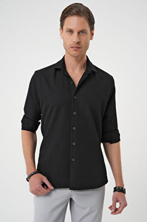 G 1592 Slim Fit Gofre Kumaş Desenli Kısa Kol Siyah Gömlek 