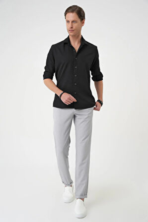 G 1592 Slim Fit Gofre Kumaş Desenli Kısa Kol Siyah Gömlek 