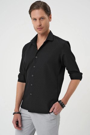 G 1592 Slim Fit Gofre Kumaş Desenli Kısa Kol Siyah Gömlek 
