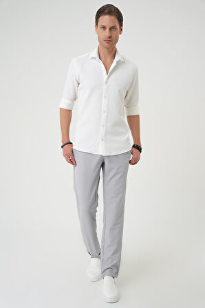 G 1592 Slim Fit Gofre Kumaş Desenli Kısa Kol Beyaz Gömlek 