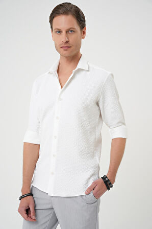 G 1592 Slim Fit Gofre Kumaş Desenli Kısa Kol Beyaz Gömlek 