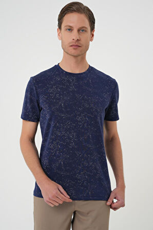 Ts 905 Comfort Fit Bisiklet Yaka Batik Görünmlü Kısa Kol Casual Lacivert Tişört