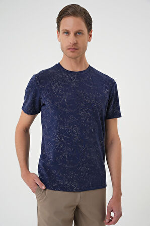 Ts 905 Comfort Fit Bisiklet Yaka Batik Görünmlü Kısa Kol Casual Lacivert Tişört
