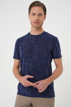 Ts 905 Comfort Fit Bisiklet Yaka Batik Görünmlü Kısa Kol Casual Lacivert Tişört