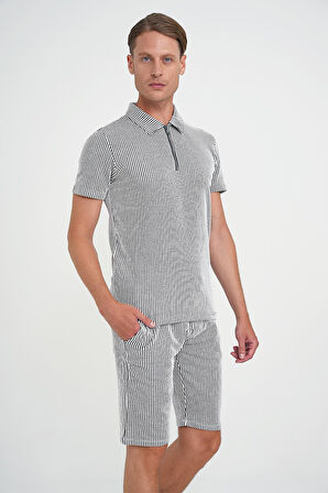 Comfort Fit Fermuarlı Polo Yaka Dikine Çizgili Kısa Kol Siyah Tişört Ts 906