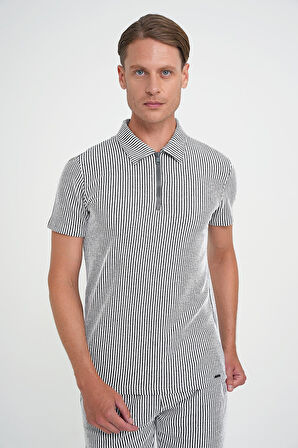 Comfort Fit Fermuarlı Polo Yaka Dikine Çizgili Kısa Kol Siyah Tişört Ts 906