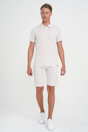 Comfort Fit Fermuarlı Polo Yaka Dikine Çizgili Kısa Kol Bej Tişört Ts 906
