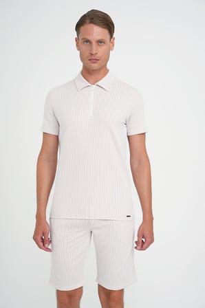 Comfort Fit Fermuarlı Polo Yaka Dikine Çizgili Kısa Kol Bej Tişört Ts 906