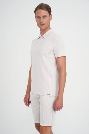 Comfort Fit Fermuarlı Polo Yaka Dikine Çizgili Kısa Kol Bej Tişört Ts 906