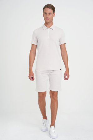 Comfort Fit Fermuarlı Polo Yaka Dikine Çizgili Kısa Kol Bej Tişört Ts 906