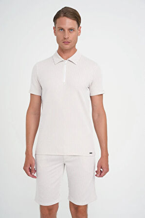 Comfort Fit Fermuarlı Polo Yaka Dikine Çizgili Kısa Kol Bej Tişört Ts 906